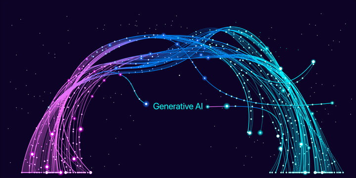 Illustration of abstract stream, AI brain concept. Artificial intelligence. Big data, technology, AI, data transfer, data flow, large language model, generative AI, LLM, NLP. NLG
