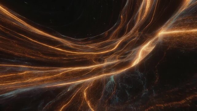 Glowing golden light streams in abstract style on a dark background, symbolizing dynamic energy flow and continuous movement