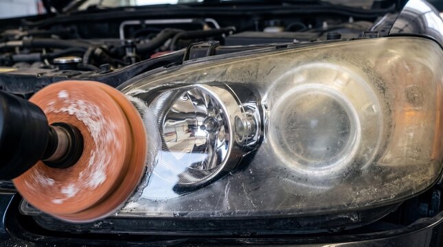 Car headlight restoration process polishing cloudy plastic lens with buffer
