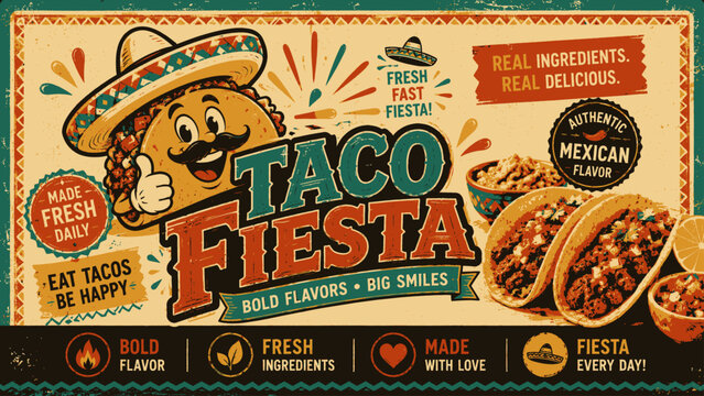 Vintage taco fiesta food poster design with cartoon taco character, delicious tacos, and authentic mexican flavor text