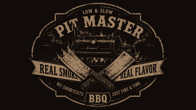 Pit master bbq vintage emblem with crossed meat cleavers and smoker grill, vector illustration for barbecue restaurant