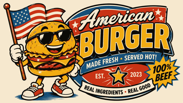 Cartoon burger character holding an american flag with vintage style typography and badge design for a fast food restaurant
