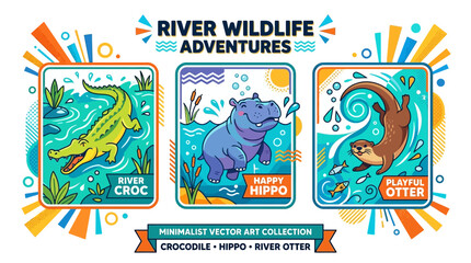 Obraz premium Set of three colorful river wildlife animal illustrations including a crocodile hippo and otter.