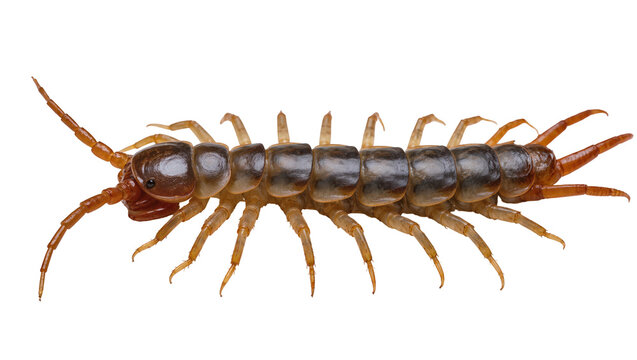Brown centipede with many legs and antennae