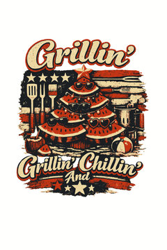 Grillin and chillin 4th of july patriotic watermelon tree design with bbq tools and american flag elements