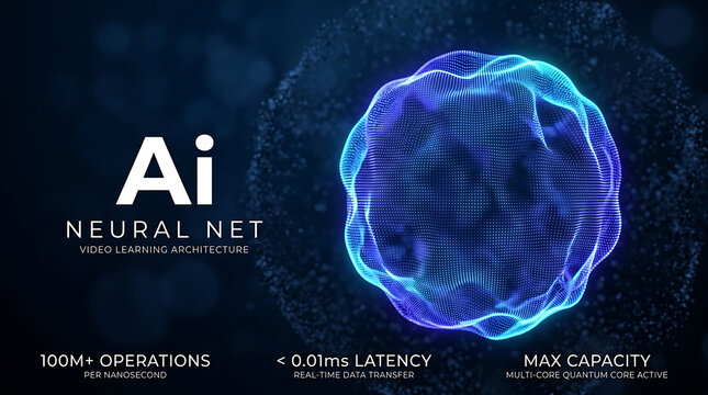 Abstract ai neural network sphere with glowing digital particles