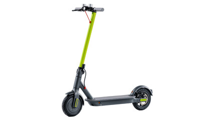 Gray electric scooter with bright green handlebar and black wheels © Anna