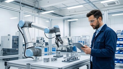 Fototapeta premium Engineer Operating a Collaborative Robot Arm with a Tablet in a Modern Automated Factory Workshop