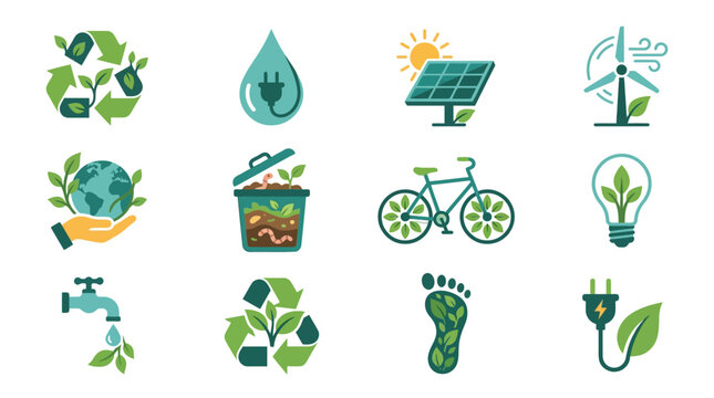 Eco Conscious Modern Glyph Icon Collection Sustainable Living Recycling Composting Water Saving Energy Efficiency Green Planet Lifestyle Design Elements for Apps Websites and Print Projects