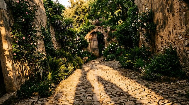 Sunlit cobblestone path leading to a rustic stone archway