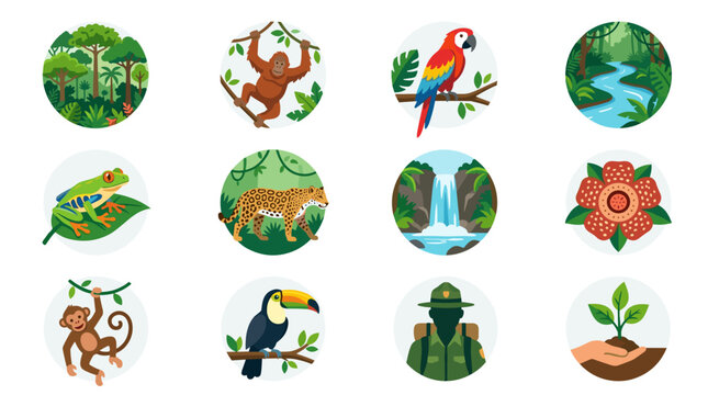 Collection of nature and wildlife icons in circles.