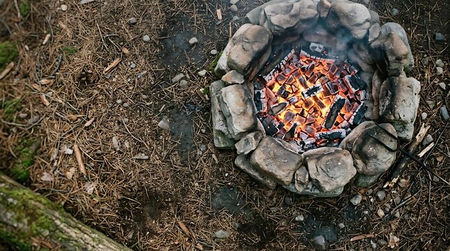 Glowing embers in a stone campfire pit on the forest floor