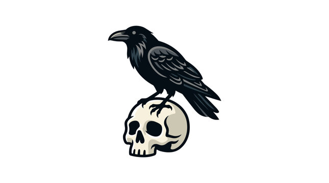 Black Raven Perched on a Human Skull Symbolizing Death.