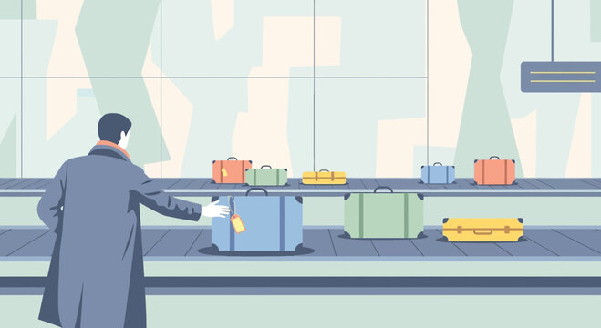 Man retrieves luggage from airport baggage claim carousel, travel illustration