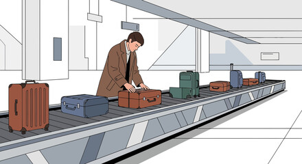 Fototapeta premium Man picking luggage from airport baggage carousel, travel concept illustration