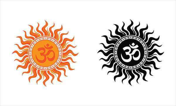 Om symbol with sun rays orange and black vector illustrations