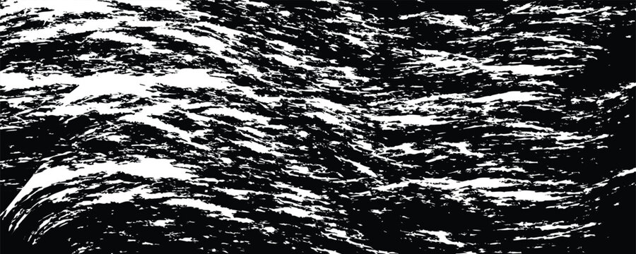 Dynamic abstract black and white texture with energetic, high-contrast strokes creating a visual of turbulent water waves or a rough, flowing liquid surface, ideal for modern
