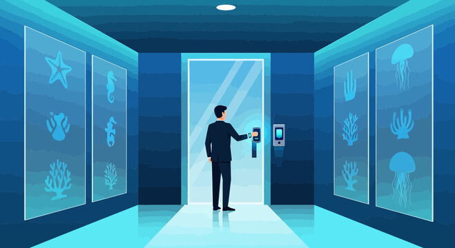 Man uses access card to enter futuristic underwater aquarium lobby