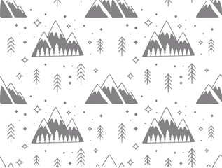 Obraz premium Seamless pattern of hand-drawn mountains, trees, and stars in gray