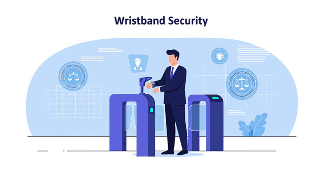Man in suit scanning wristband at security gate with icons of personal data and law