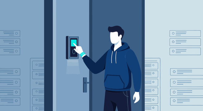 Man pressing button on modern keypad door entry system, security technology.