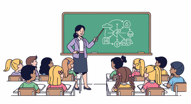 A female teacher stands in front of a classroom of diverse students sitting at desks while writing on a green chalkboard with a pointer in a traditional educational setting.