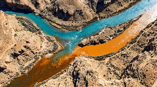 Aerial view of blue and orange river confluence in canyon