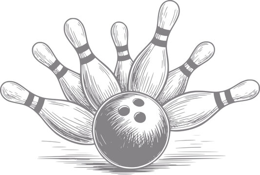 Vintage bowling ball and pins strike and spare