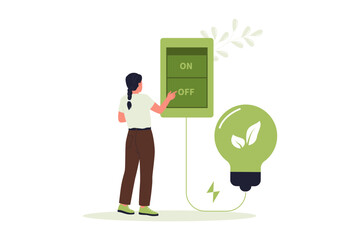Obraz premium Turning Off Light Switch to Save Energy. A woman turning off a giant wall switch connected to a glowing green leaf light bulb to save household electricity consumption