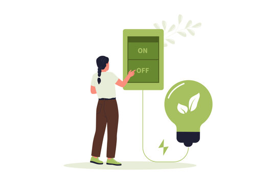 Turning Off Light Switch to Save Energy. A woman turning off a giant wall switch connected to a glowing green leaf light bulb to save household electricity consumption
