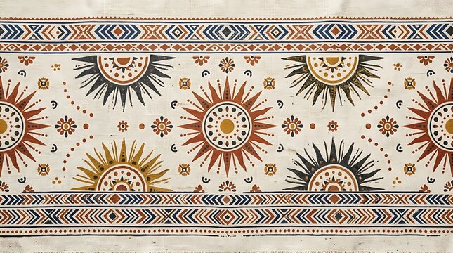Ethnic tribal sun pattern with geometric borders on textured canvas