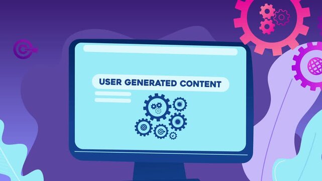 A computer screen displaying the text &ldquo;User Generated Content&rdquo; and illustrations of gears