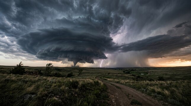 Massive Supercell Thunderstorm Cloud Over Rural Farm Landscape
