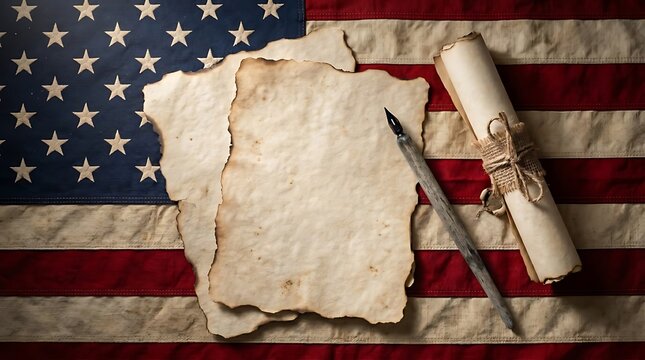 Vintage parchment paper and quill pen on an American flag background