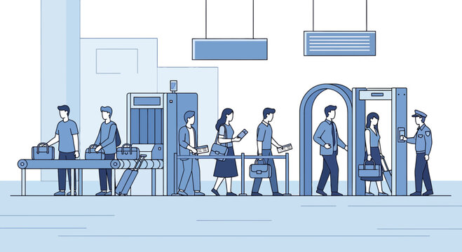 Airport Security Checkpoint - Passengers and Security Officers, Conveyor Belt, Metal Detector