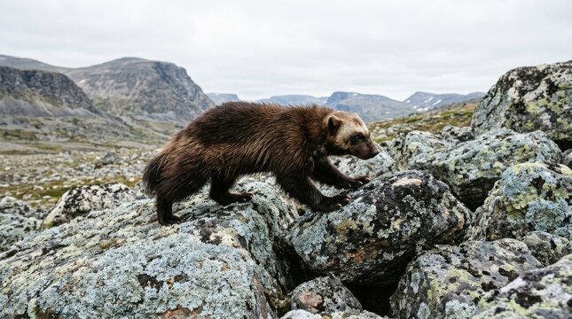 Wolverine walking on rocky terrain in a mountainous landscape.