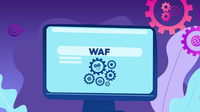 A computer screen displaying the text &ldquo;WAF&rdquo; and illustrations of gears