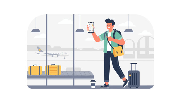 Traveler checking flight status on smartphone at airport terminal with check in mobile app traveler