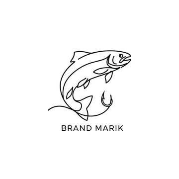 Minimalist Salmon Jumping Fishing Logo Line Art Vector