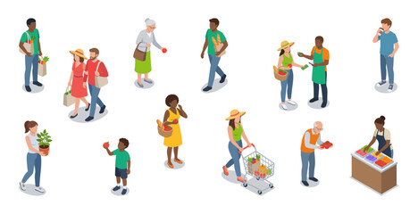 Fototapeta premium Farmers market shoppers buying fresh organic produce | Diverse people characters shopping at local food grocery store | Isometric vector illustration