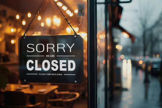 sorry closed sign hanging outside a restaurant, store, office or other
