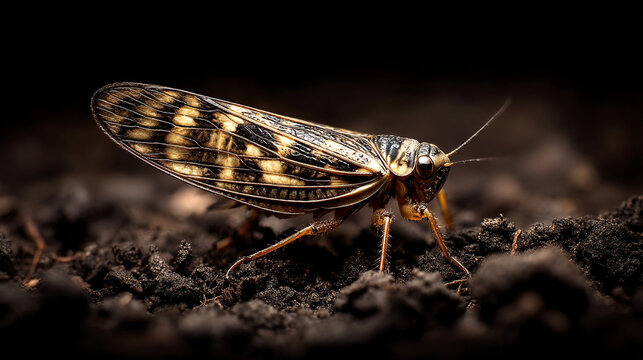 Macro close up side view of a brown leafhopper insect resting on dark soil with leafhopper