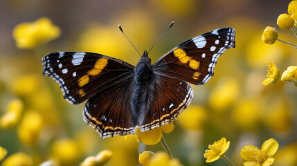 Fototapeta premium Painted lady butterfly with patterned brown and orange wings on yellow flower, butterfly