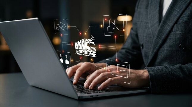Logistics manager tracking freight movement and fleet distribution using advanced dashboard on laptop, smart supply chain, digital logistics, transportation modern technology business concept
