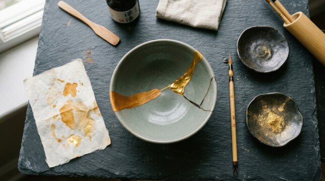 Kintsugi art supplies and repaired ceramic bowl.