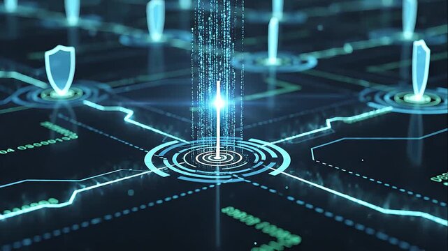 Glowing digital security shields activating in a complex data network video