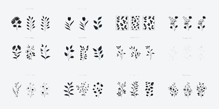 Botanical silhouettes of herbs and wildflowers on a white background