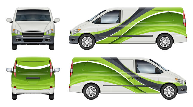 Cargo van branding mockup with abstract green and gray wave design for corporate vehicle livery and commercial transit advertising concept