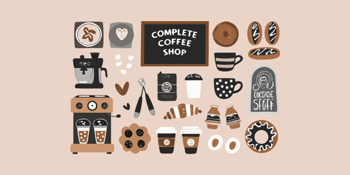 Coffee Shop Collection Vector Illustration With Coffee Makers And Pastries