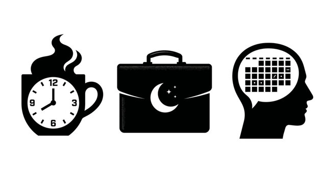 Black silhouettes depicting morning coffee and time, a briefcase with a night sky, and a head with a calendar, symbolizing daily routine and planning.